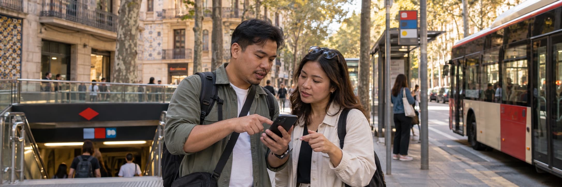Isang traveller na tumitingin ng transit information sa isang kalye sa Barcelona