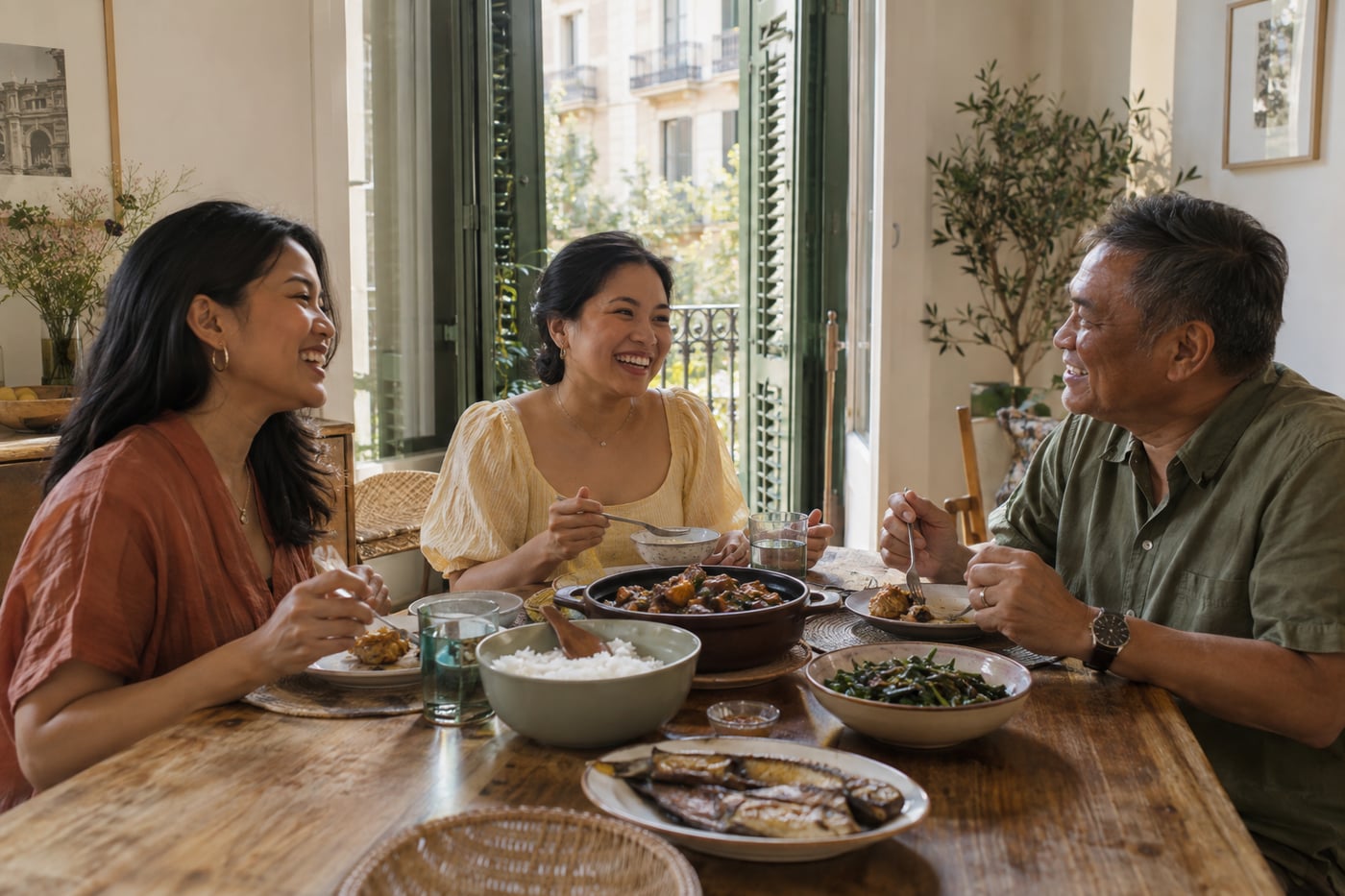 Illustration of a Filipino community lunch in Barcelona