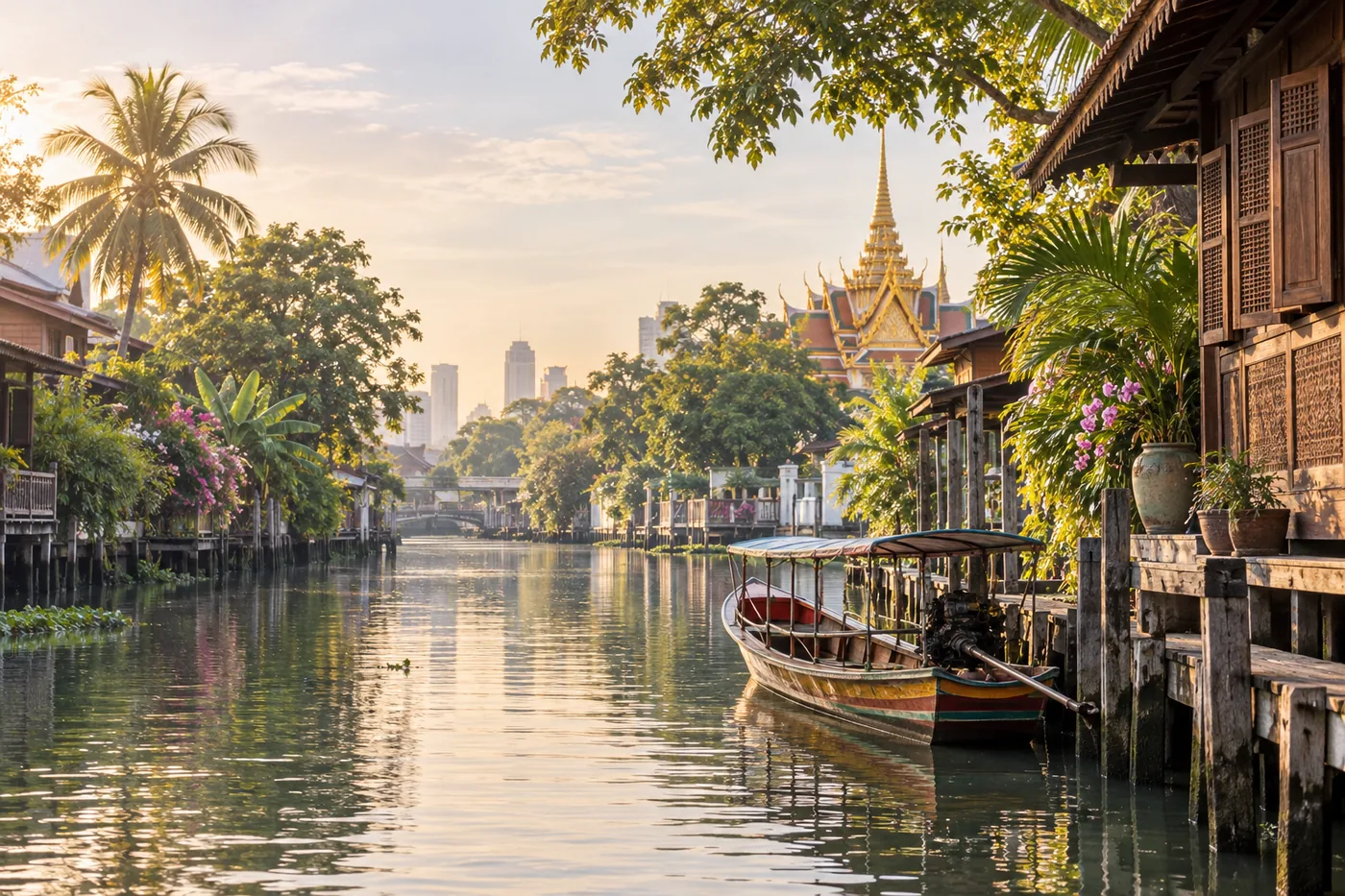 A long-tail boat beside teak canal houses with a gilded Bangkok temple roof beyond