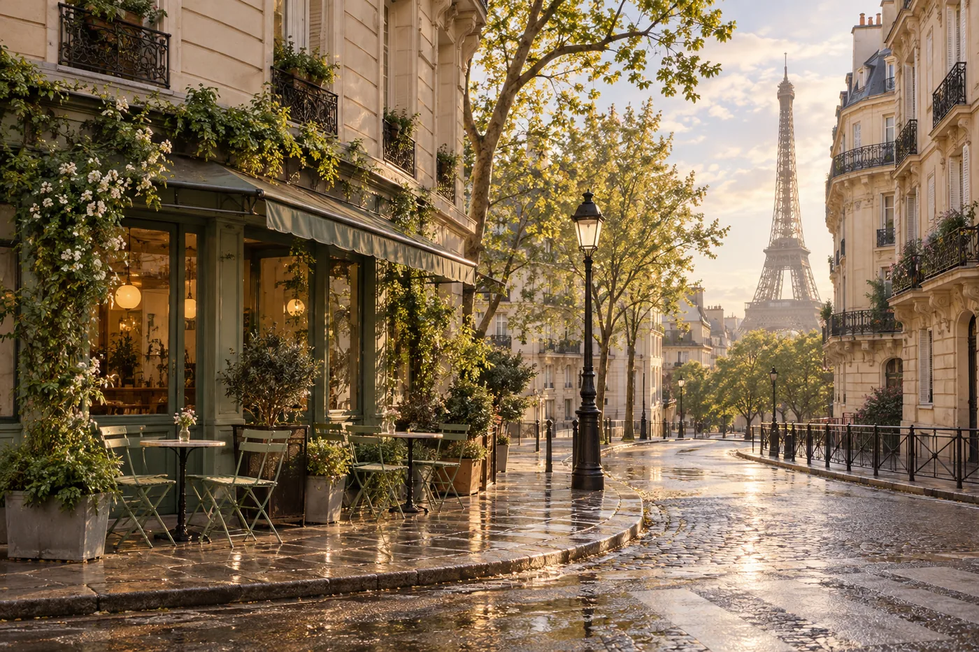 A quiet Paris café corner after rain with the Eiffel Tower at the end of the street