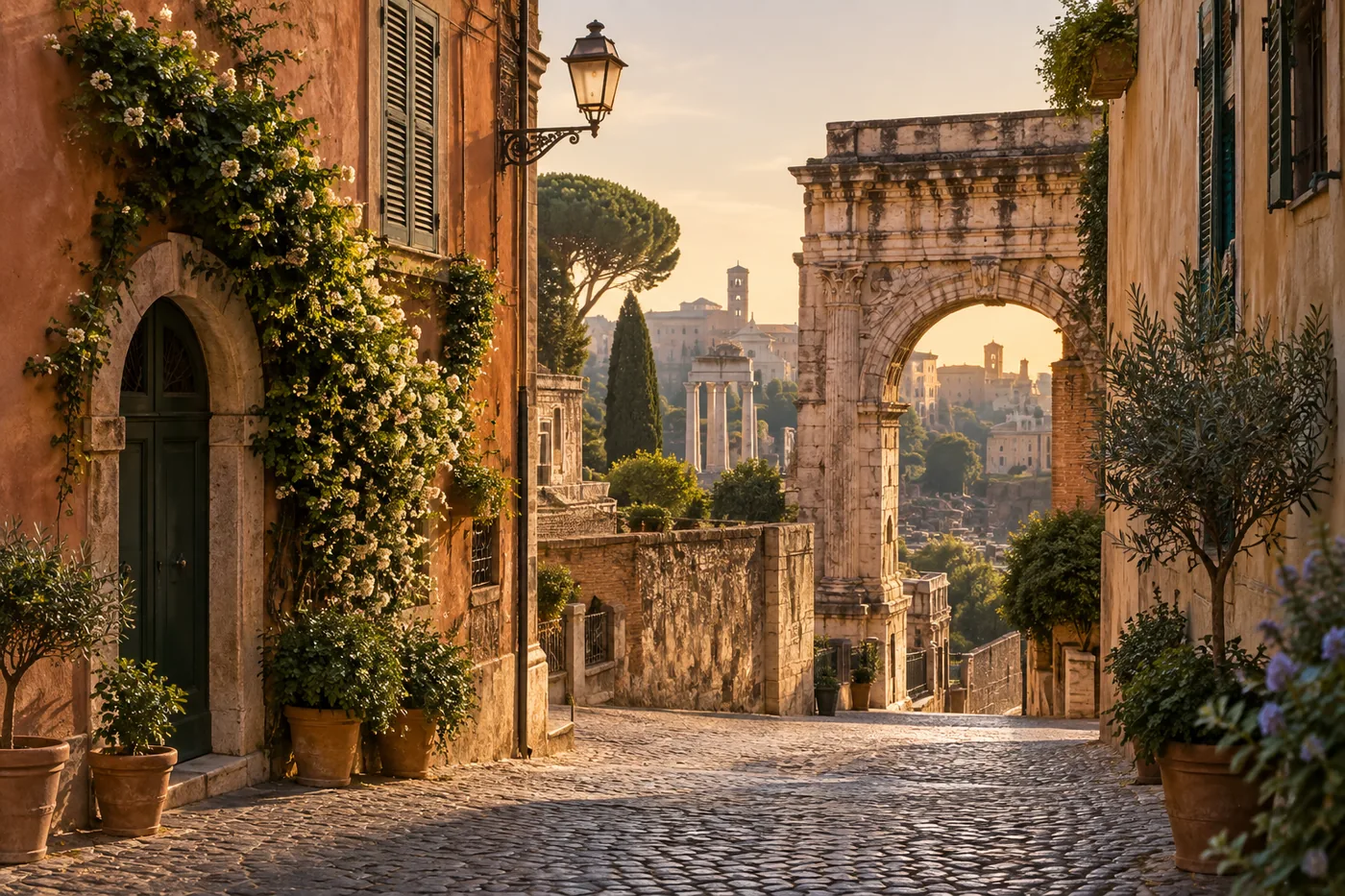 A cobbled Roman lane opening toward an ancient stone arch and classical ruins